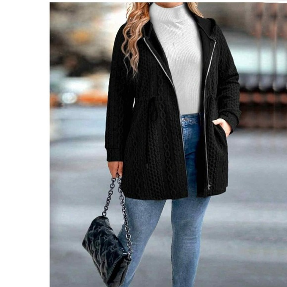 Black Cable Knit Hooded Zip-Up Sweater Coat by Shein Curve Women's 2X - Picture 5 of 15